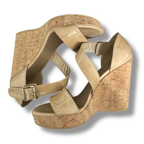 Stuart Weitzman Oneliner Patent Leather Cork Wedge Open Toe Heels Nude Size 9 - Picture 5 of 10